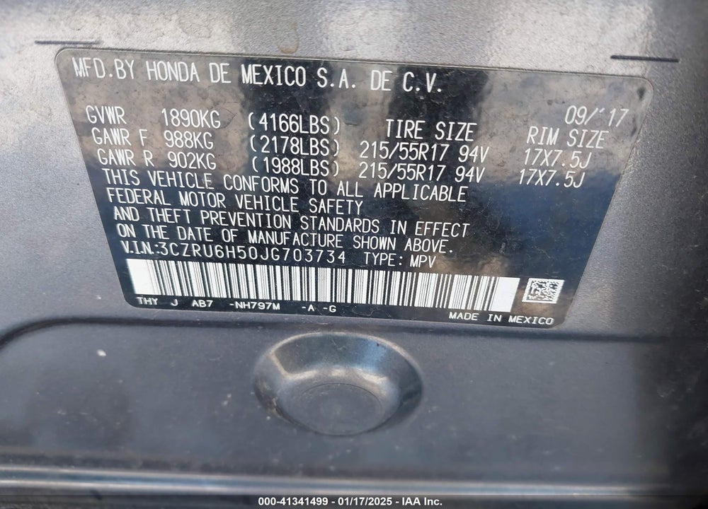 2018 HONDA HR-V EX VIN: 3CZRU6H50JG703734