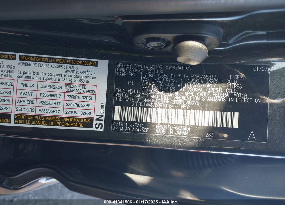 2007 TOYOTA 4RUNNER SR5 V6 VIN: JTEBU14R678091018