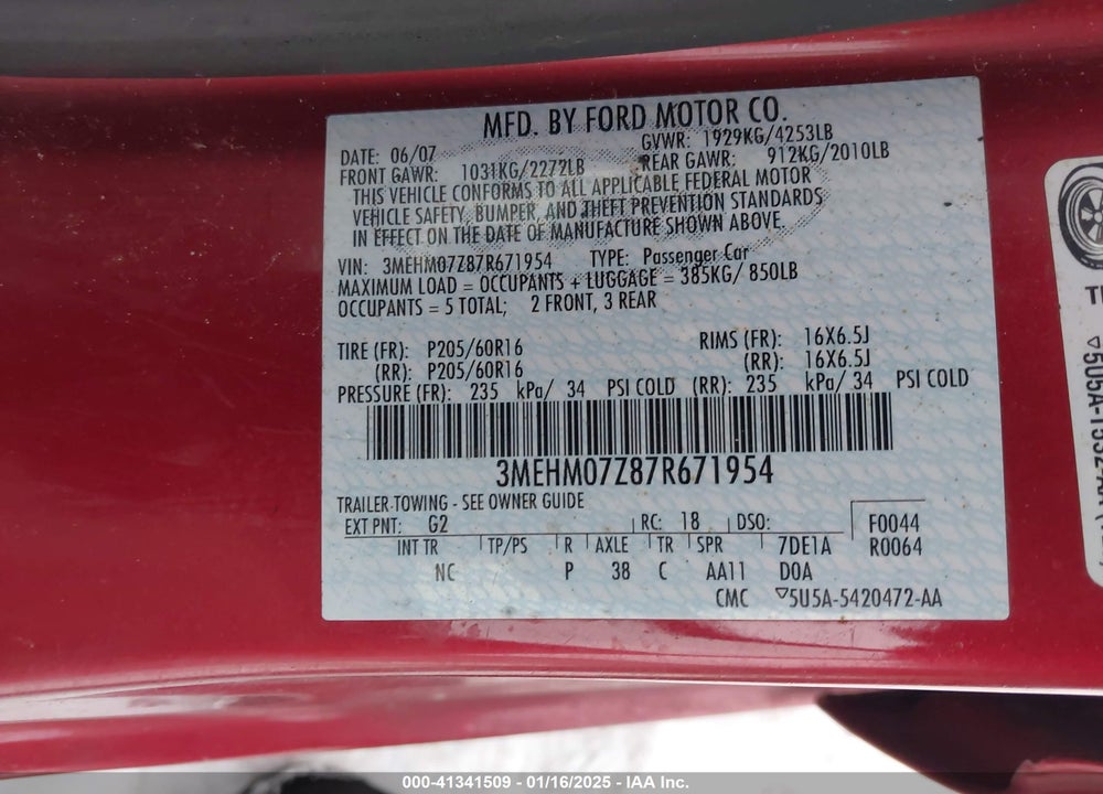 2007 MERCURY MILAN VIN: 3MEHM07Z87R671954