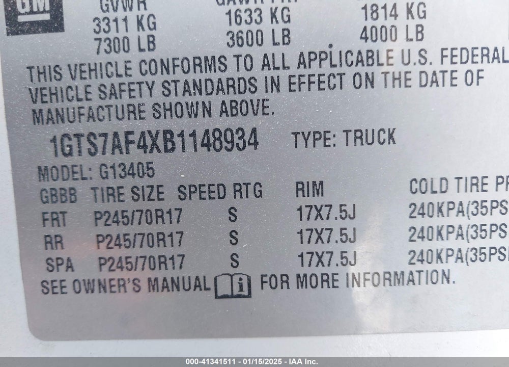 2011 GMC SAVANA 1500 WORK VAN VIN: 1GTS7AF4XB1148934