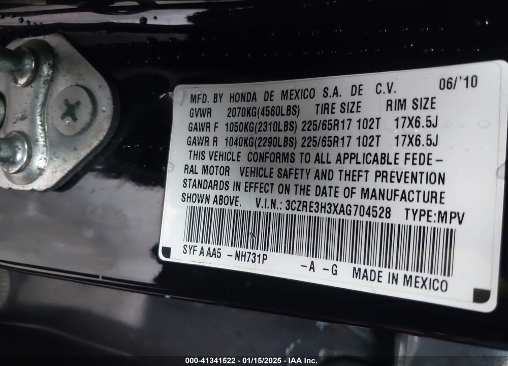 2010 HONDA CR-V LX VIN: 3CZRE3H3XAG704528