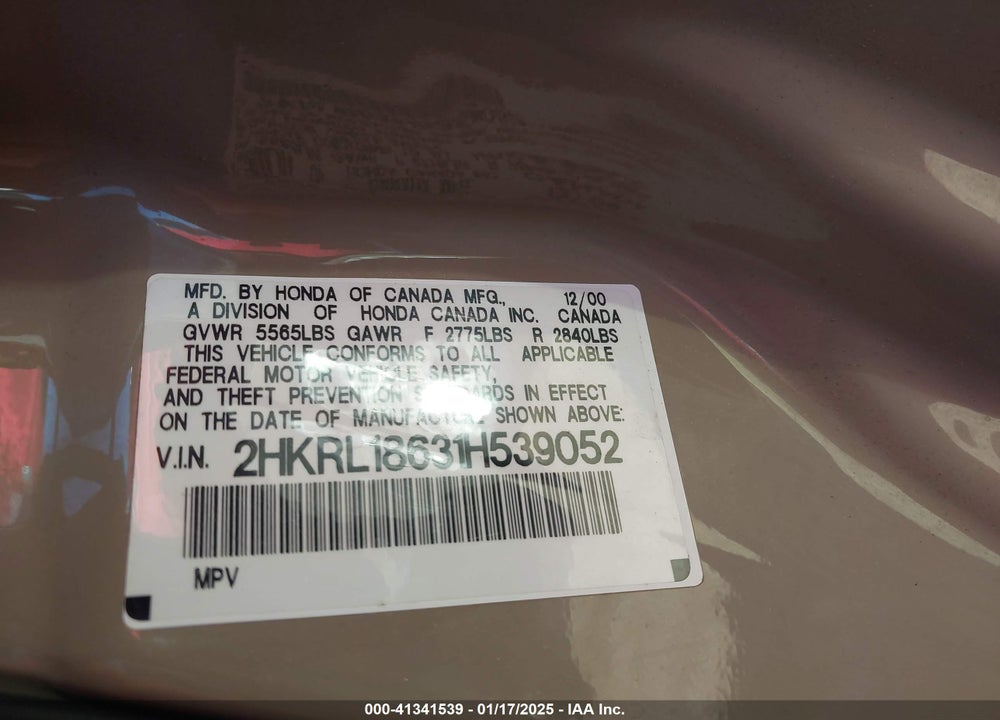 2001 HONDA ODYSSEY EX VIN: 2HKRL18631H539052