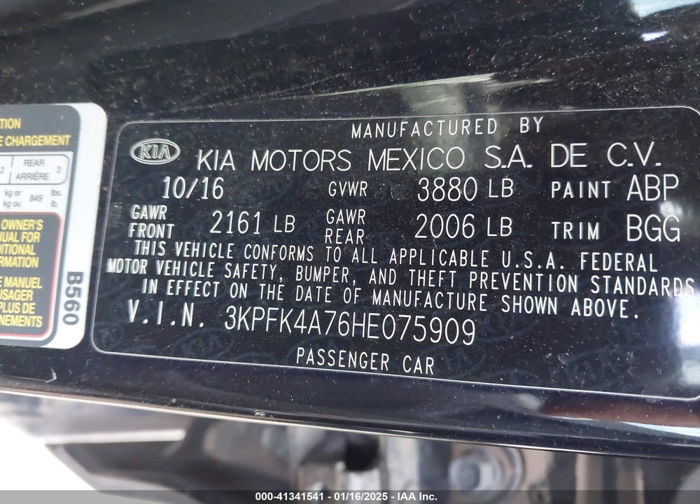 2017 KIA FORTE VIN: 3KPFK4A76HE075909