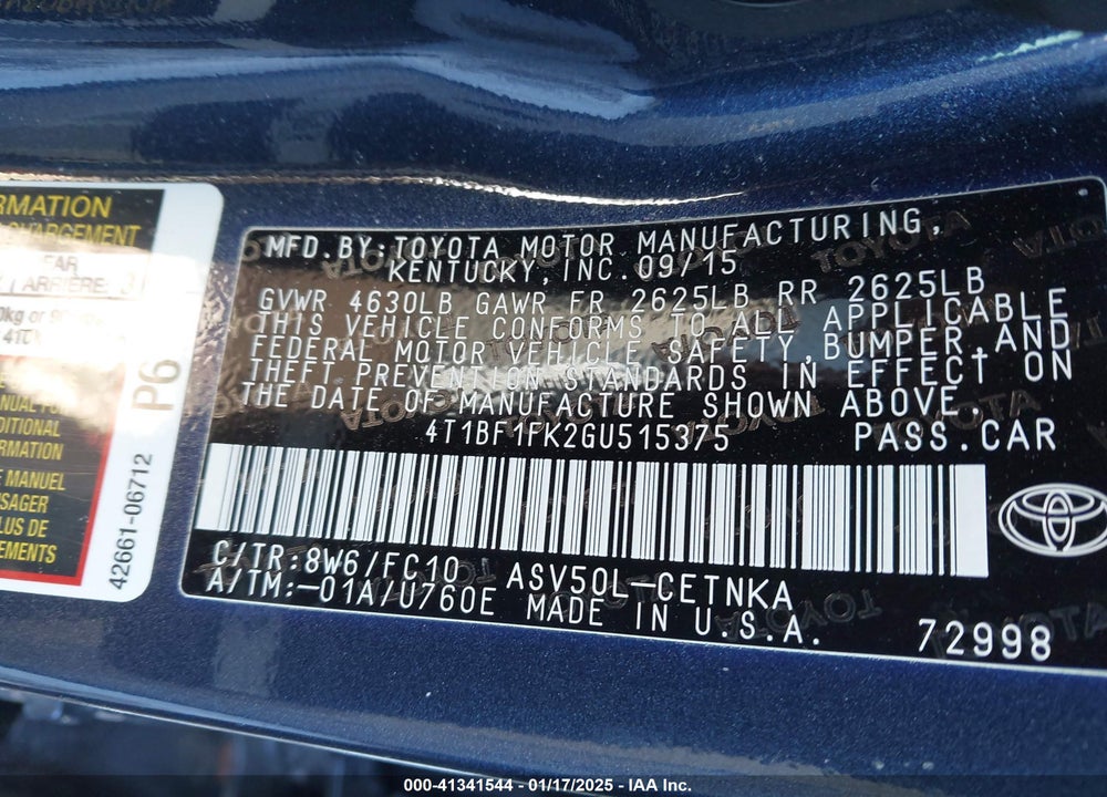 2016 TOYOTA CAMRY VIN: 4T1BF1FK2GU515375