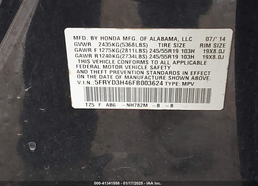 2015 ACURA MDX TECHNOLOGY PACKAGE VIN: 5FRYD3H46FB003624