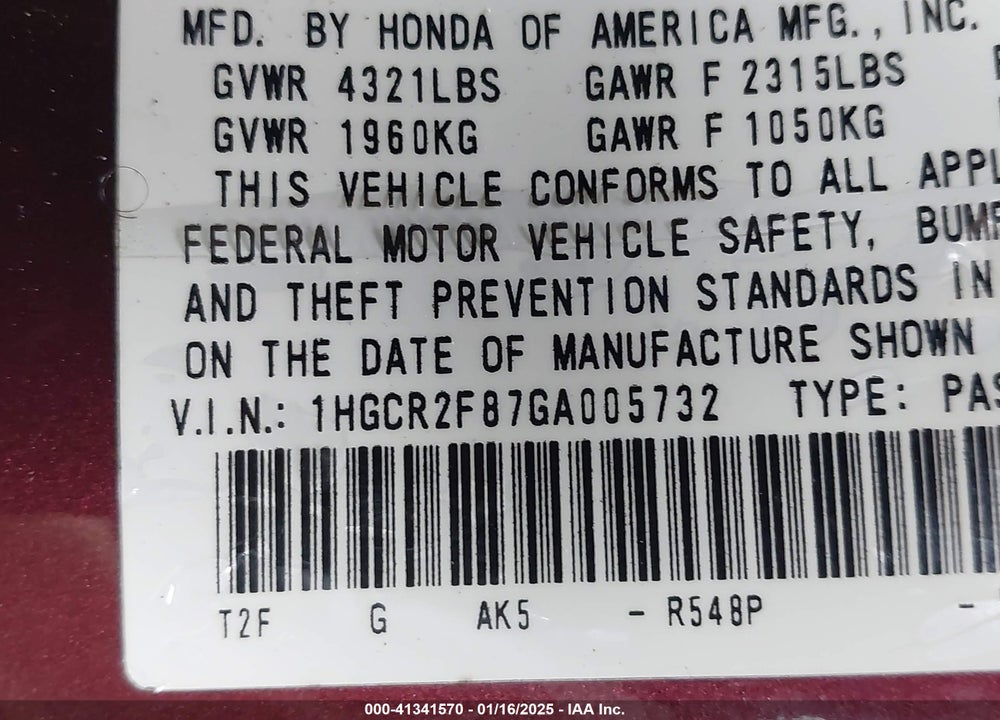 2016 HONDA ACCORD EX-L VIN: 1HGCR2F87GA005732