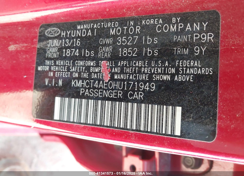 2017 HYUNDAI ACCENT VIN: KMHCT4AE0HU171949