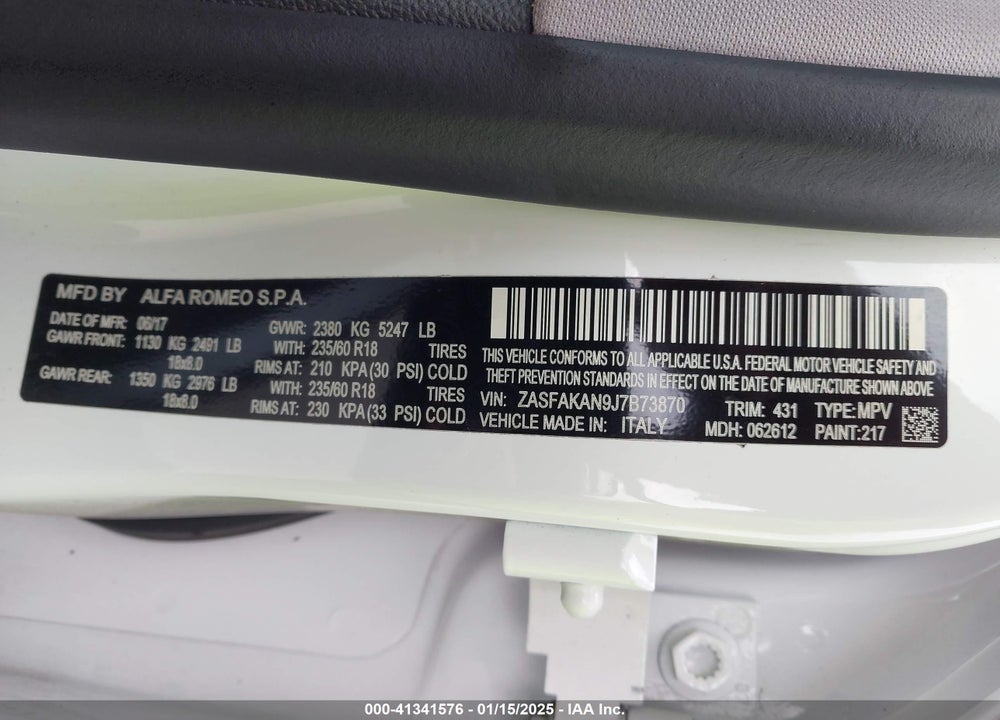 2018 ALFA ROMEO STELVIO AWD VIN: ZASFAKAN9J7B73870