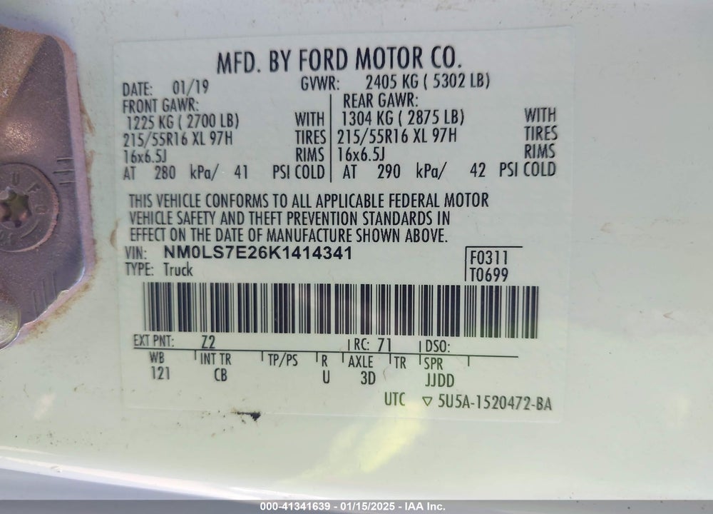 2019 FORD TRANSIT CONNECT XL VIN: NM0LS7E26K1414341