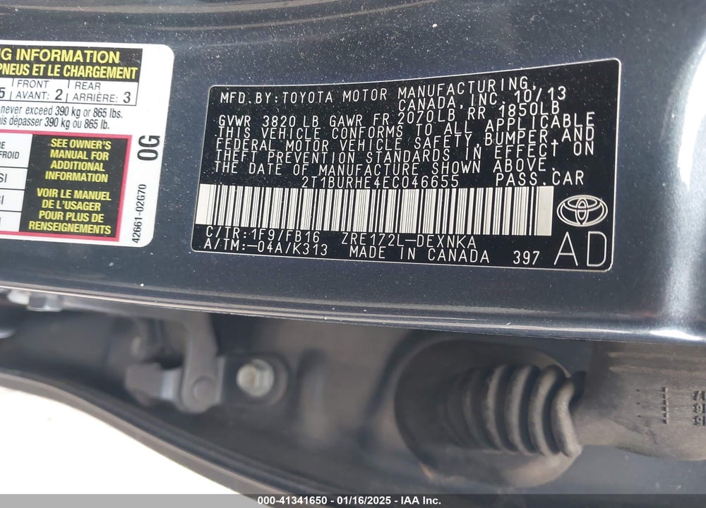 2014 TOYOTA COROLLA VIN: 2T1BURHE4EC046655