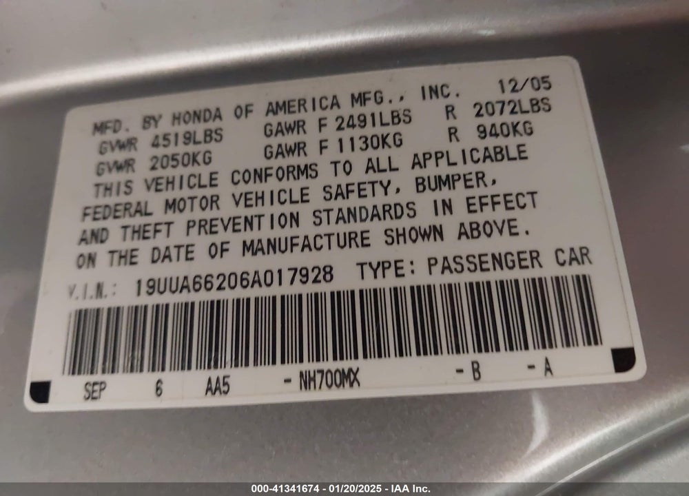 2006 ACURA TL VIN: 19UUA66206A017928