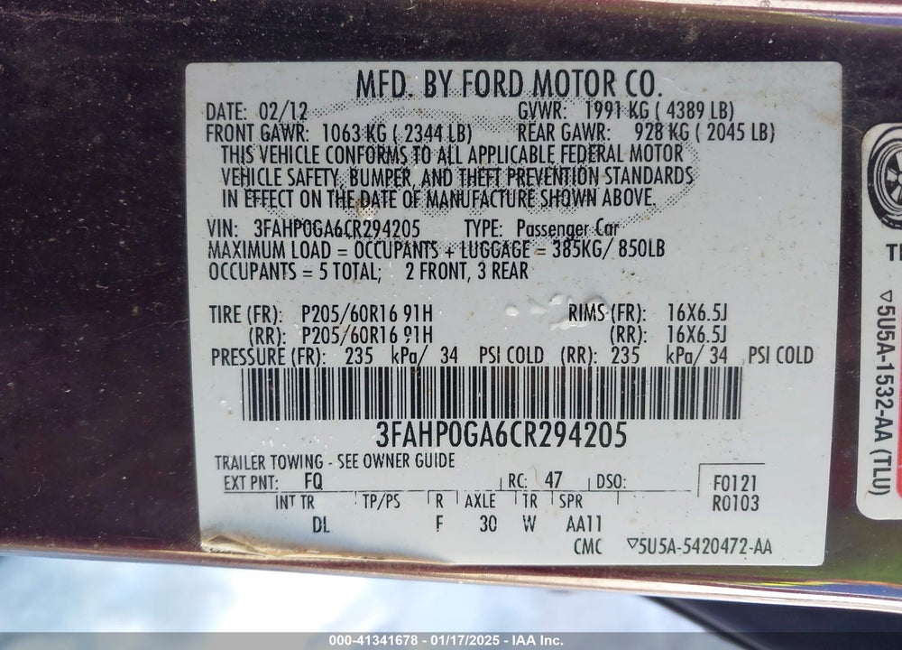 2012 FORD FUSION VIN: 3FAHP0GA6CR294205