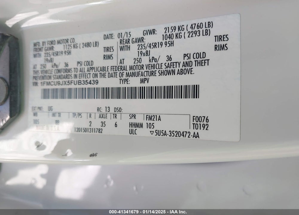 2015 FORD ESCAPE TITANIUM VIN: 1FMCU9JX5FUB35439