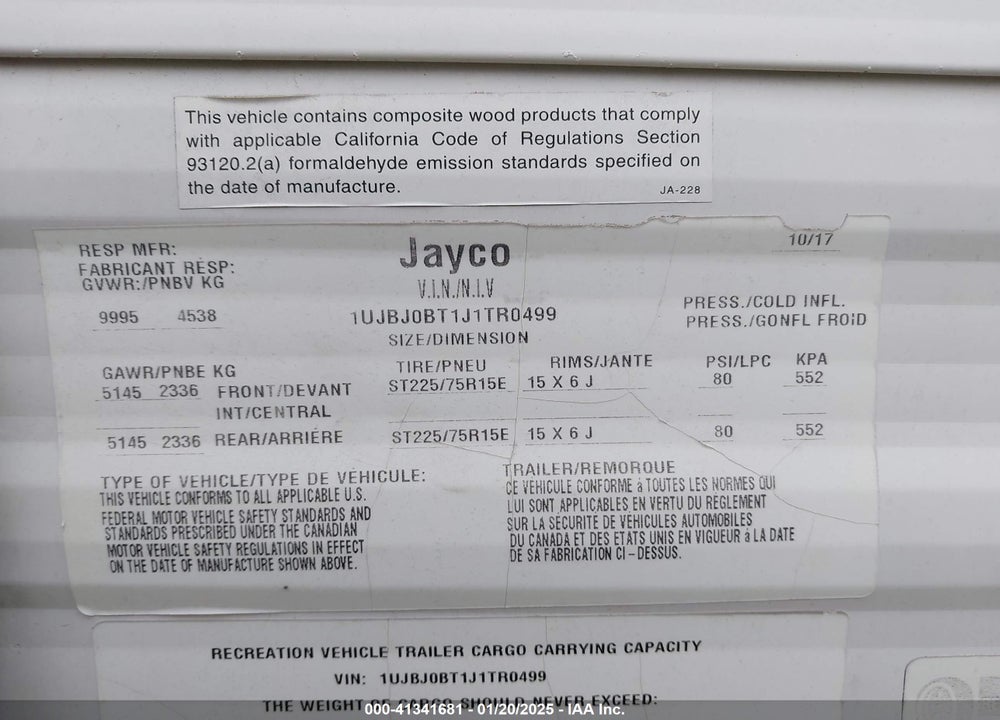 2018 JAYCO OTHER VIN: 1UJBJ0BT1J1TR0499
