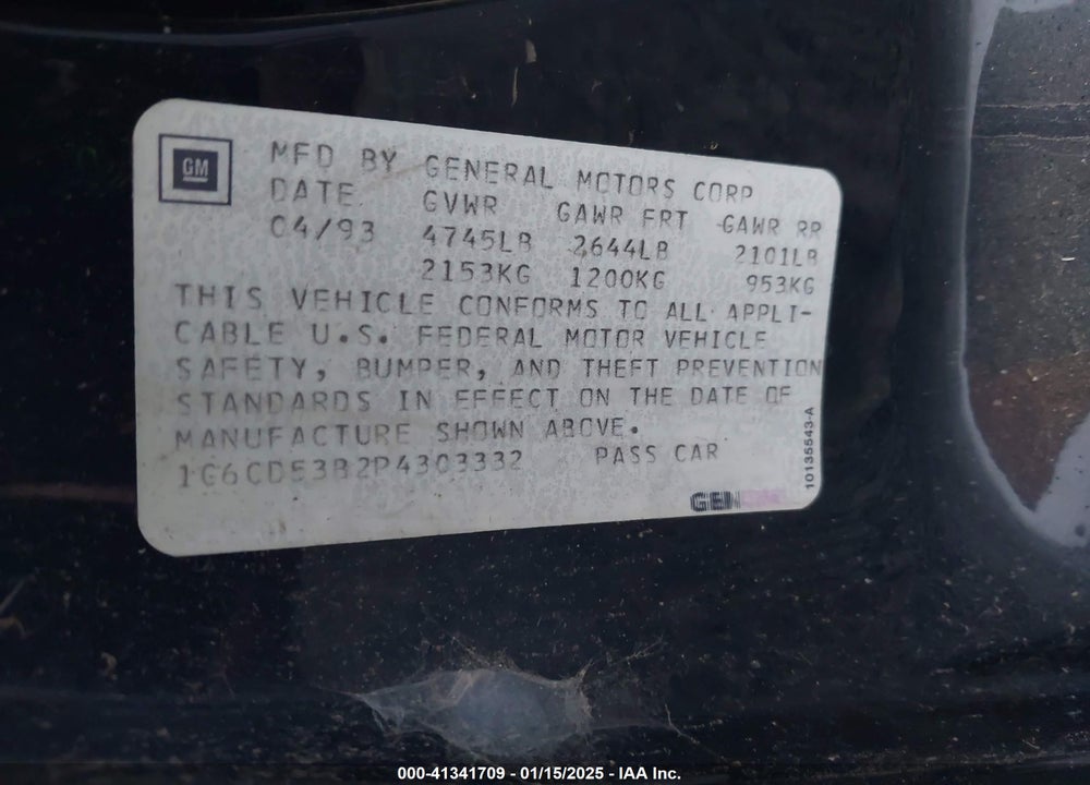 1993 CADILLAC DEVILLE VIN: 1G6CD53B2P4303332