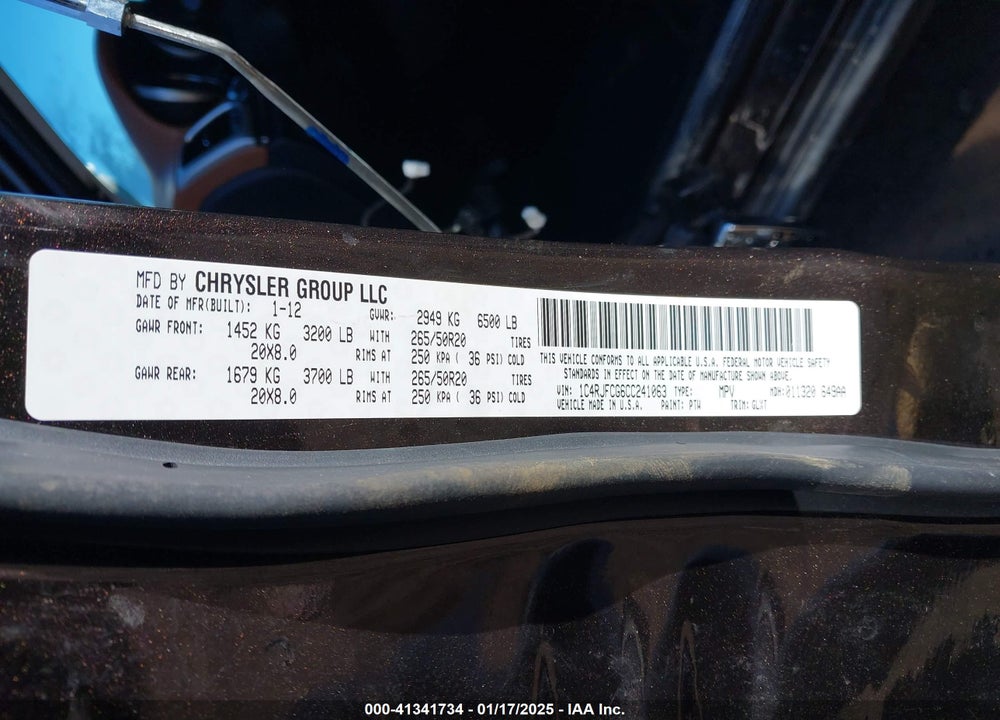 2012 JEEP GRAND CHEROKEE OVERLAND VIN: 1C4RJFCG6CC241063