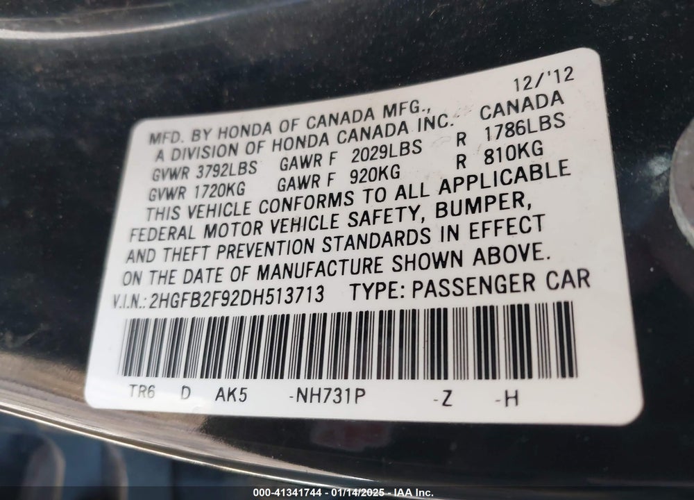 2013 HONDA CIVIC VIN: 2HGFB2F92DH513713