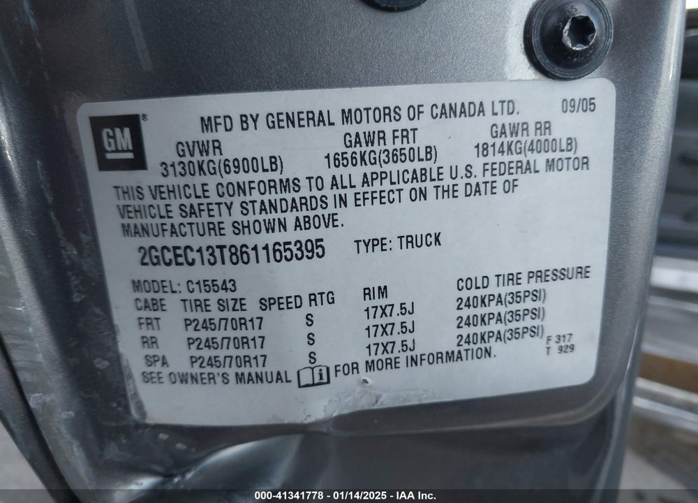 2006 CHEVROLET SILVERADO 1500 LT1 VIN: 2GCEC13T861165395