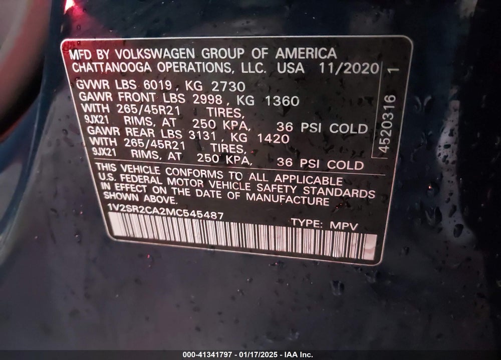 2021 VOLKSWAGEN ATLAS 3.6L V6 SEL R-LINE VIN: 1V2SR2CA2MC545487