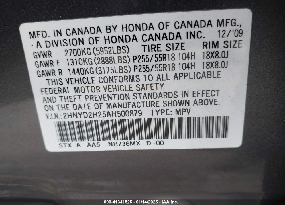 2010 ACURA MDX VIN: 2HNYD2H25AH500879