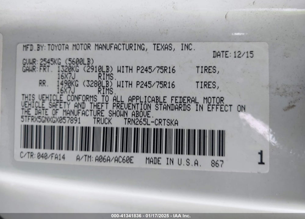 2016 TOYOTA TACOMA VIN: 5TFRX5GNXGX057891