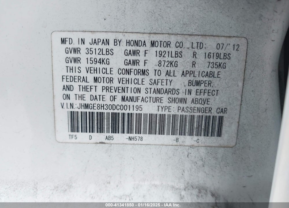 2013 HONDA FIT VIN: JHMGE8H30DC001195