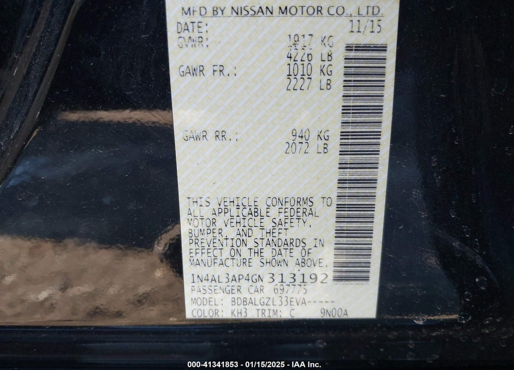 2016 NISSAN ALTIMA 2.5 S VIN: 1N4AL3AP4GN313192