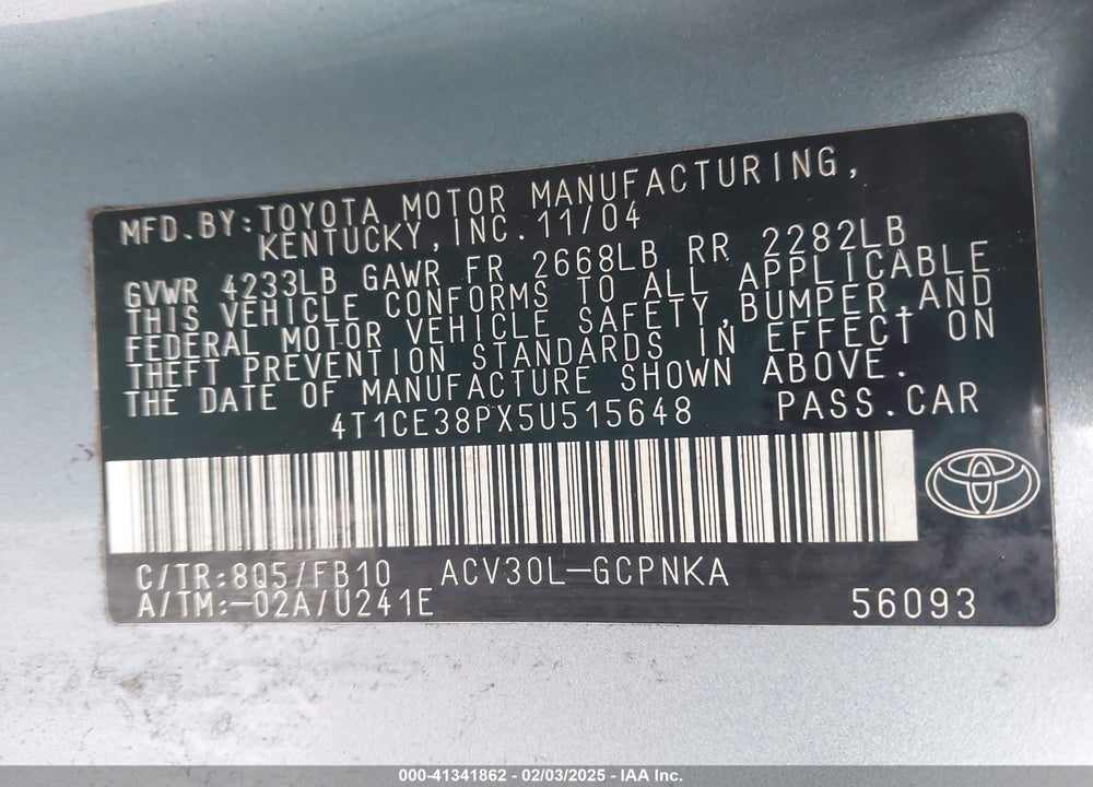 2005 TOYOTA CAMRY SOLARA VIN: 4T1CE38PX5U515648
