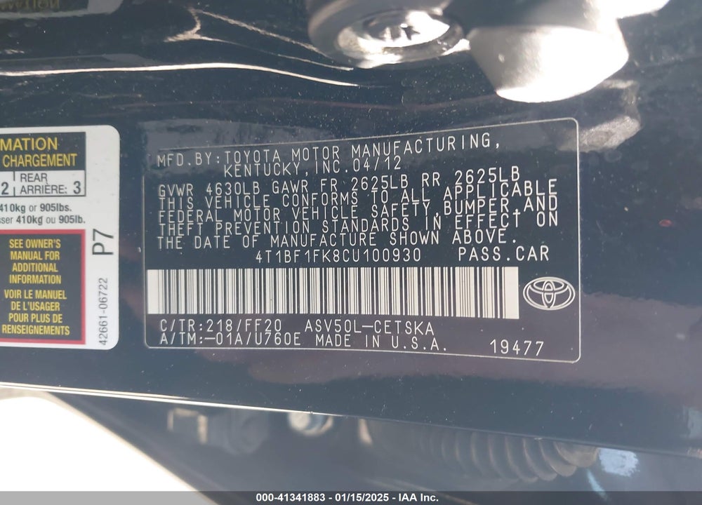 2012 TOYOTA CAMRY VIN: 4T1BF1FK8CU100930