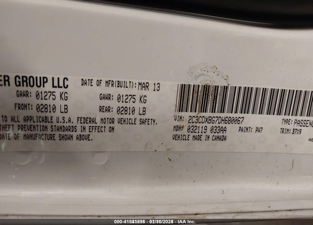2013 DODGE CHARGER SE VIN: 2C3CDXBG7DH680067