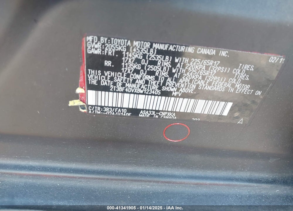 2011 TOYOTA RAV4 VIN: 2T3BF4DVXBW123405
