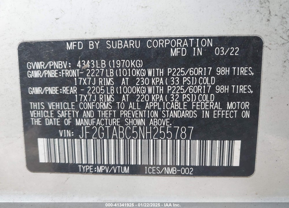 2022 SUBARU CROSSTREK VIN: JF2GTABC5NH255787