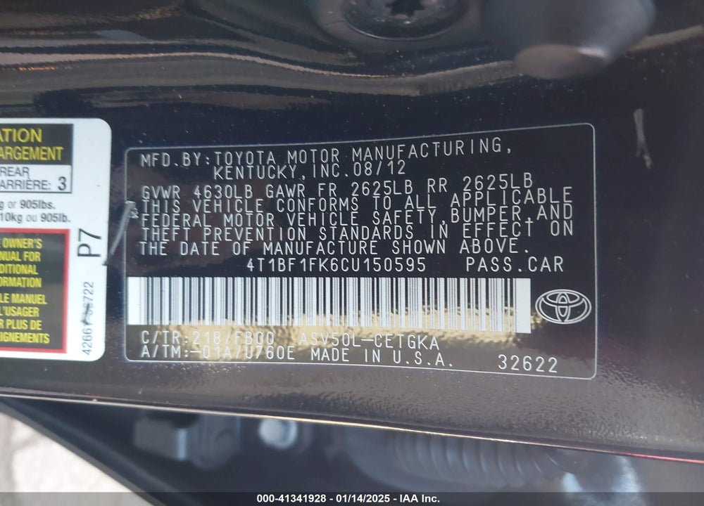 2012 TOYOTA CAMRY XLE VIN: 4T1BF1FK6CU150595