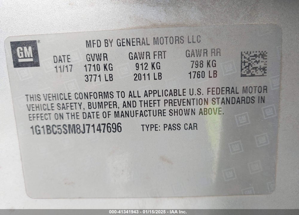 2018 CHEVROLET CRUZE VIN: 1G1BC5SM8J7147696