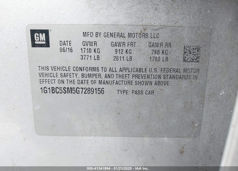 2016 CHEVROLET CRUZE VIN: 1G1BC5SM5G7289156