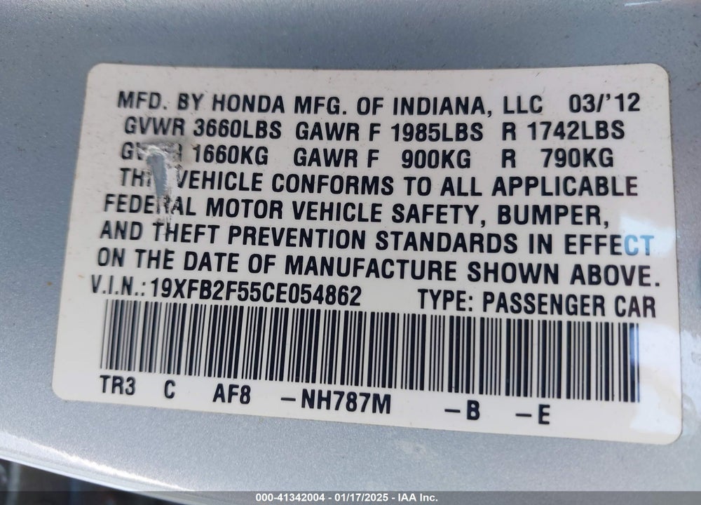 2012 HONDA CIVIC SDN LX VIN: 19XFB2F55CE054862