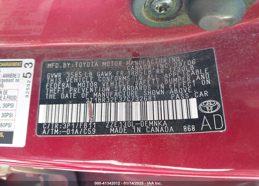 2007 TOYOTA COROLLA LE VIN: 2T1BR32E37C732681