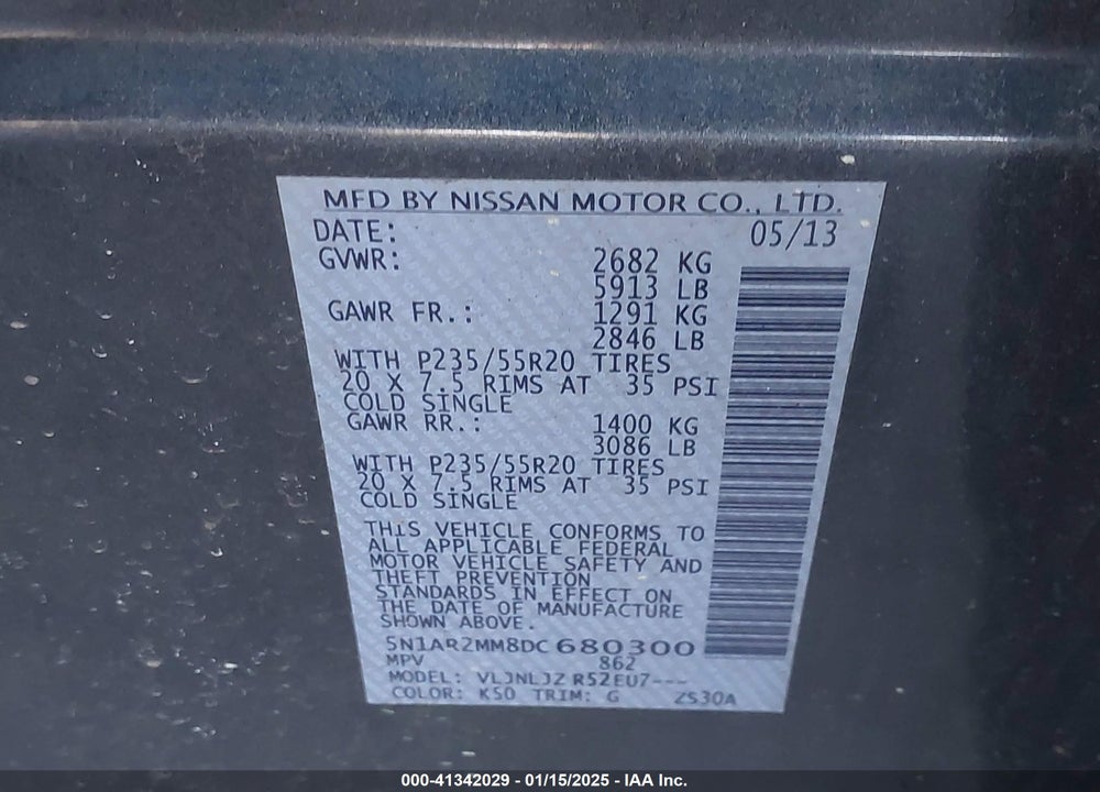 2013 NISSAN PATHFINDER PLATINUM VIN: 5N1AR2MM8DC680300