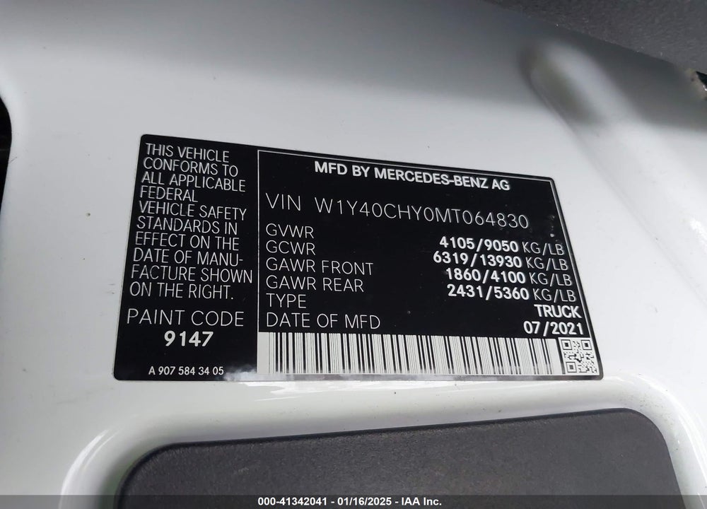 2021 MERCEDES-BENZ SPRINTER 2500 HIGH ROOF I4 VIN: W1Y40CHY0MT064830