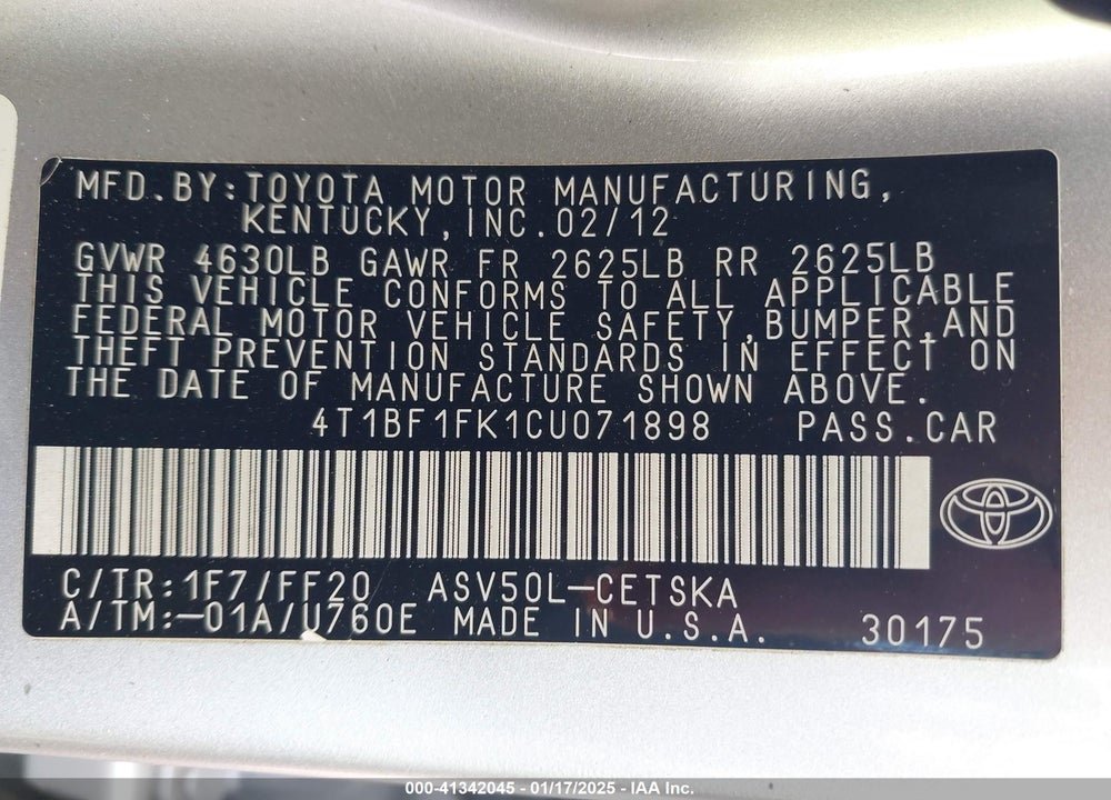 2012 TOYOTA CAMRY VIN: 4T1BF1FK1CU071898