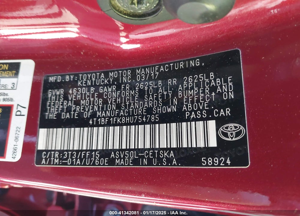 2017 TOYOTA CAMRY SE VIN: 4T1BF1FK8HU754785