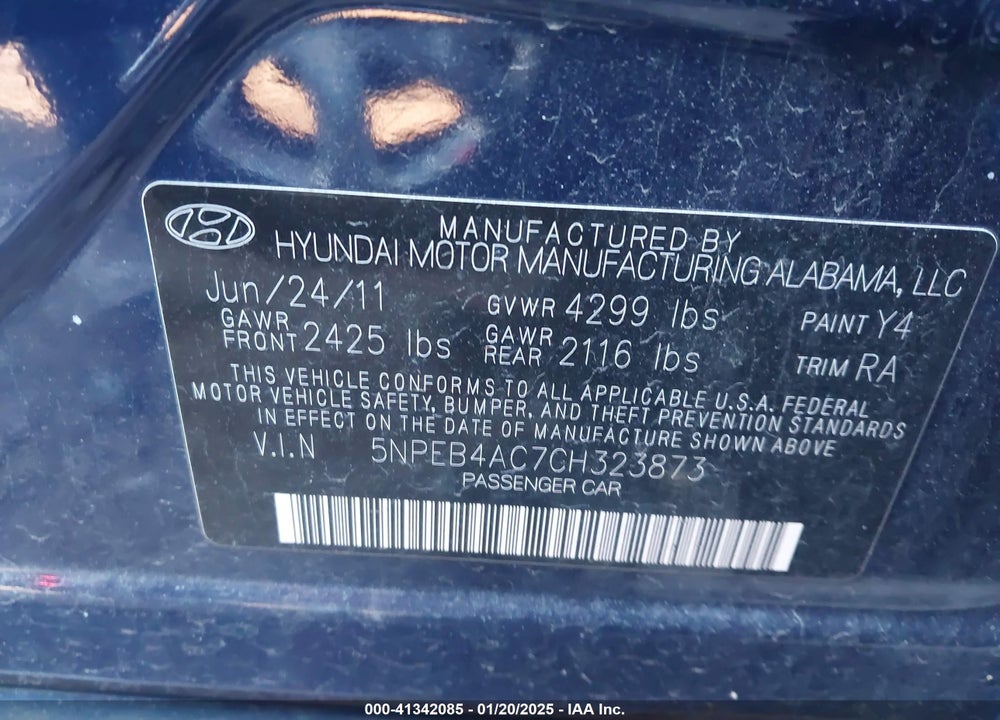 2012 HYUNDAI SONATA VIN: 5NPEB4AC7CH323873