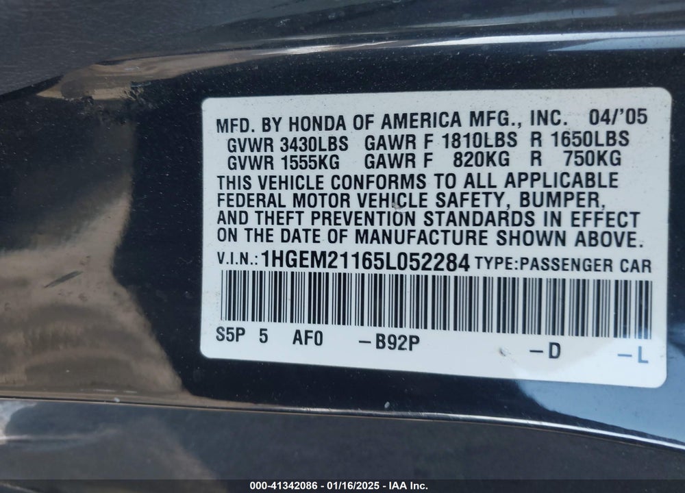 2005 HONDA CIVIC VP VIN: 1HGEM21165L052284