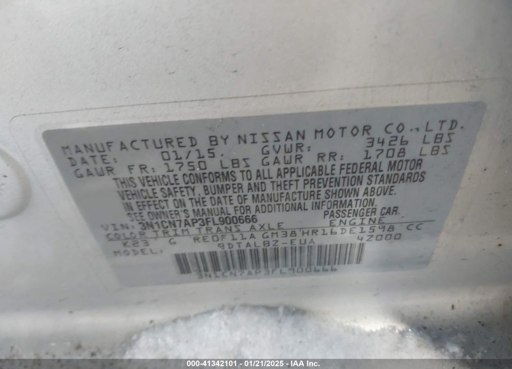 2015 NISSAN VERSA VIN: 3N1CN7AP3FL900666