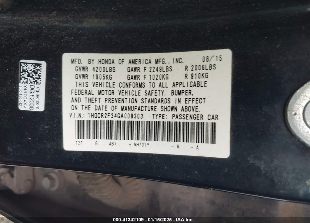 2016 HONDA ACCORD VIN: 1HGCR2F34GA008303