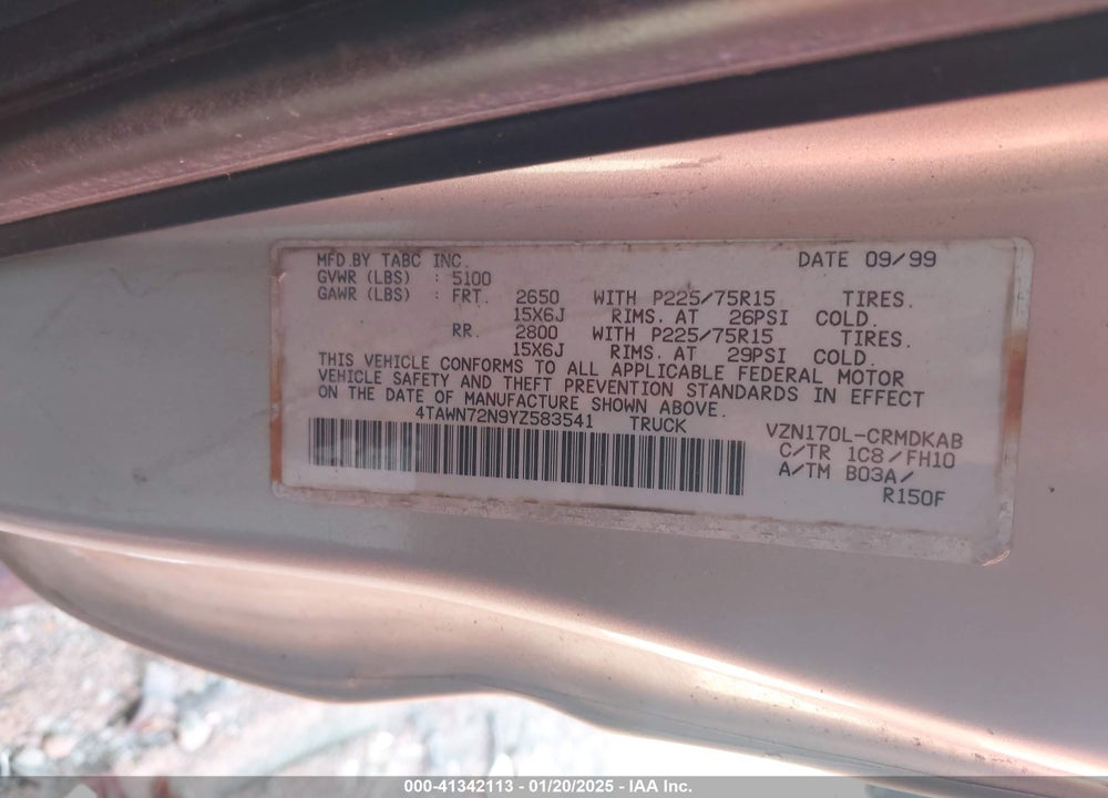2000 TOYOTA TACOMA BASE V6 VIN: 4TAWN72N9YZ583541