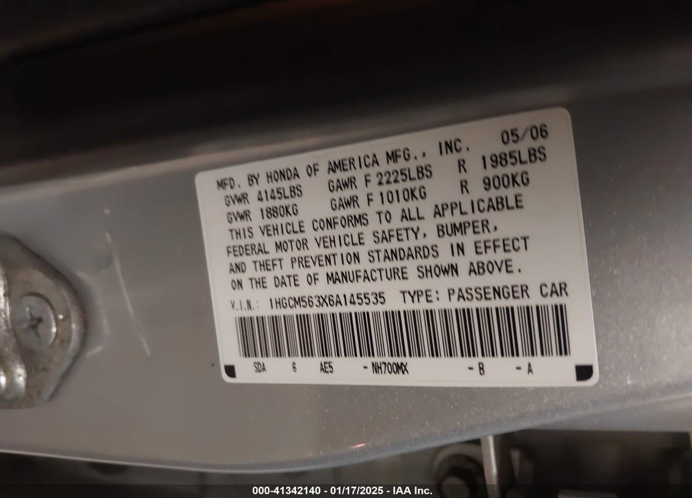 2006 HONDA ACCORD VIN: 1HGCM563X6A145535