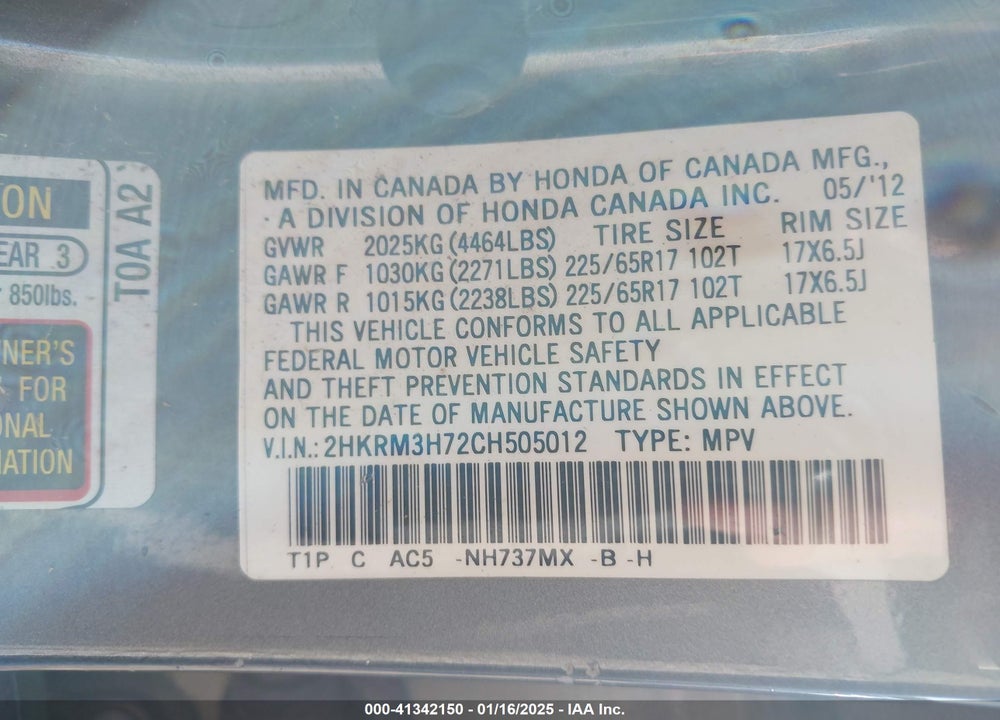 2012 HONDA CR-V EX-L VIN: 2HKRM3H72CH505012