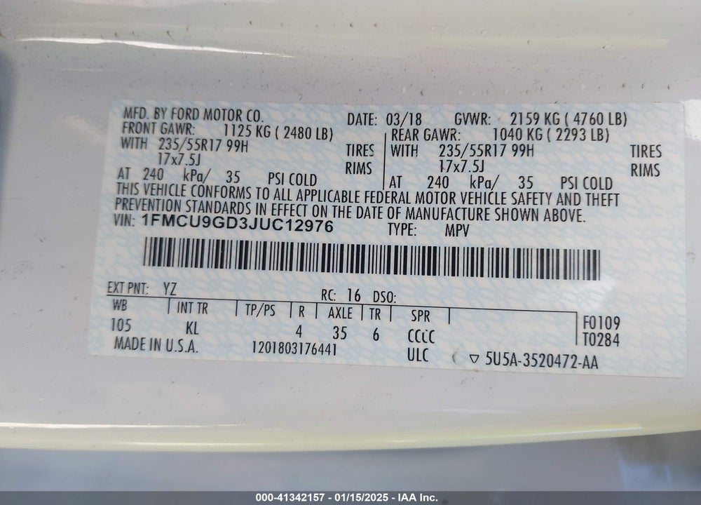 2018 FORD ESCAPE SE VIN: 1FMCU9GD3JUC12976
