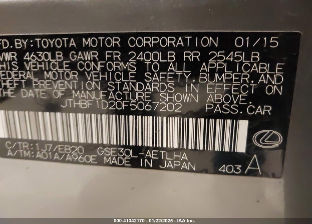 2015 LEXUS IS 250 VIN: JTHBF1D20F5067202